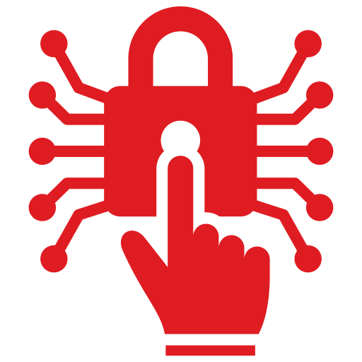 Red lock symbol with a circuit board design, and a finger pointing at the lock. Represents cybersecurity and data protection.