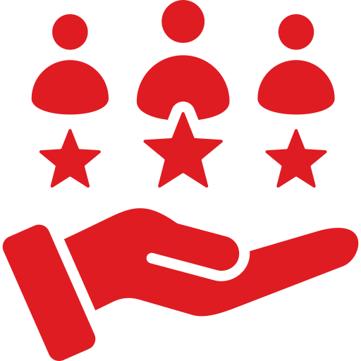 Red hand icon holding three user figures and two stars, symbolizing customer satisfaction and service quality ratings.