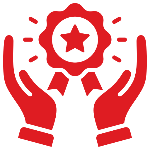 Red hands cradling a prize ribbon with a star symbol, representing achievement and recognition. Relevant for discussions on awards or accolades.