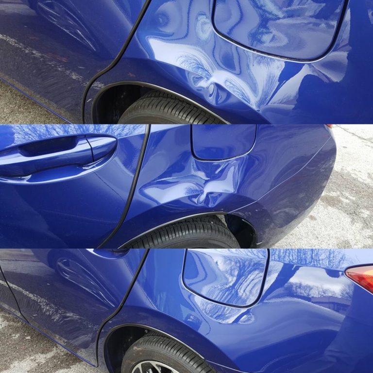 A blue car's rear quarter panel shows a significant dent, displayed in three close-up images from different angles. The damage is prominently visible, highlighting the impact.