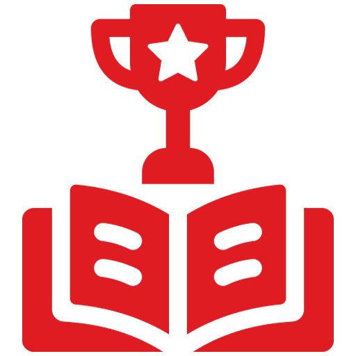 Red trophy above an open book symbolizing achievement in learning or literacy. Represents a celebration of educational success.