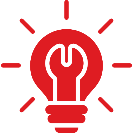 Red light bulb combined with a wrench symbolizes innovative solutions and problem-solving in maintenance or repair contexts.