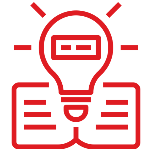 A red graphic featuring a light bulb above an open book, symbolizing knowledge and learning. Represents educational content or innovative ideas.